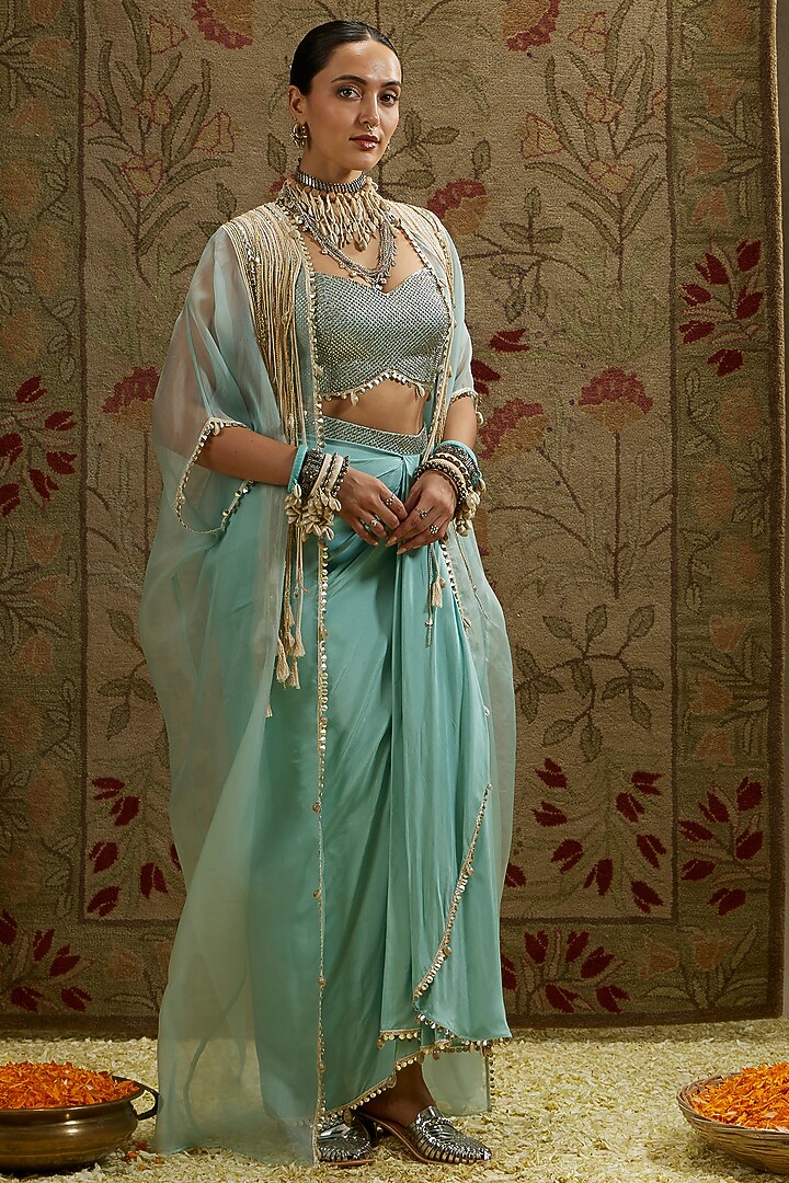Teal Blue Organza Draped Skirt Set by SVA BY SONAM & PARAS MODI at Pernia's Pop Up Shop