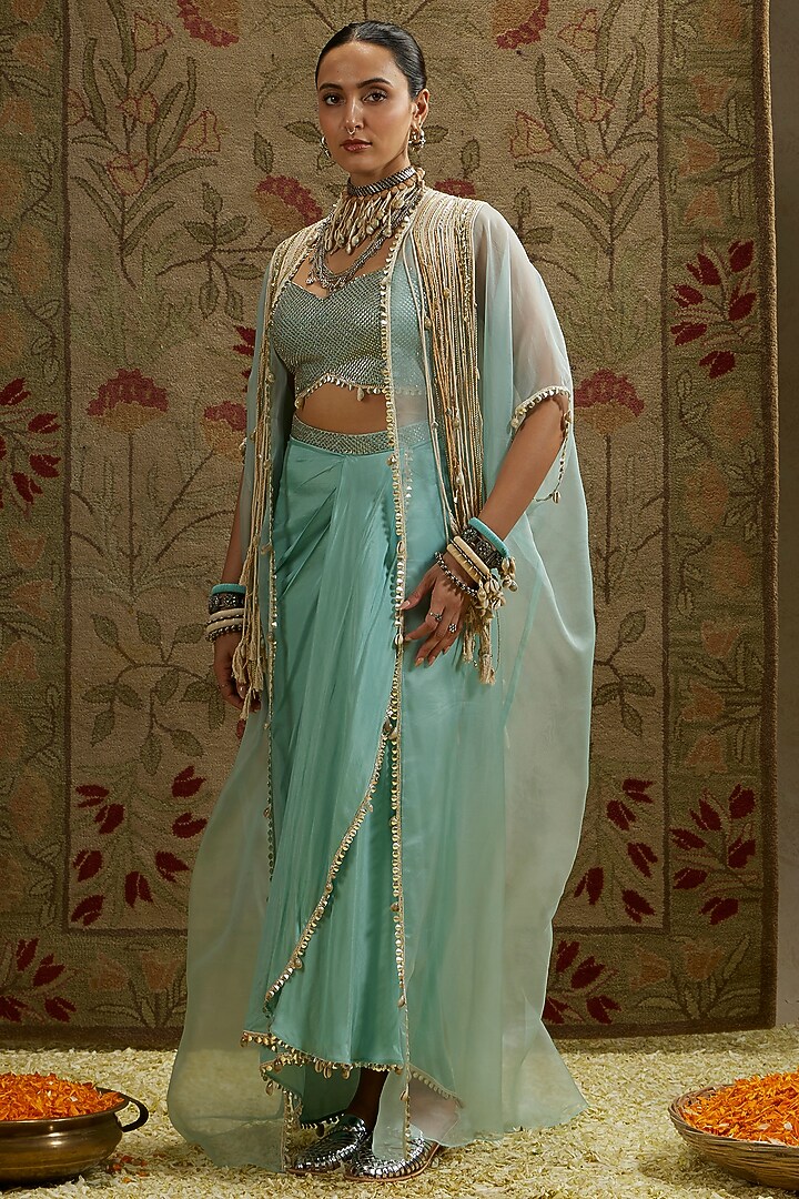 Teal Blue Organza Draped Skirt Set by SVA BY SONAM & PARAS MODI at Pernia's Pop Up Shop