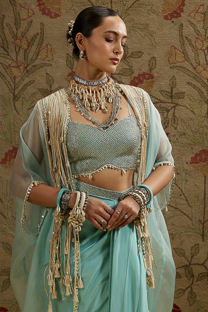 Teal Blue Organza Draped Skirt Set by SVA BY SONAM & PARAS MODI at Pernia's Pop Up Shop