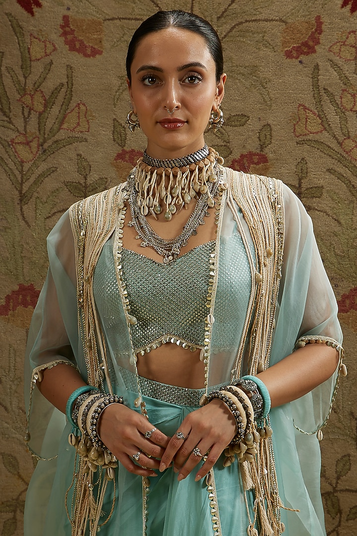 Teal Blue Organza Draped Skirt Set by SVA BY SONAM & PARAS MODI at Pernia's Pop Up Shop