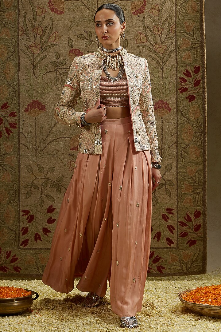 Pink Silk Embellished Jacket Set by SVA BY SONAM & PARAS MODI at Pernia's Pop Up Shop
