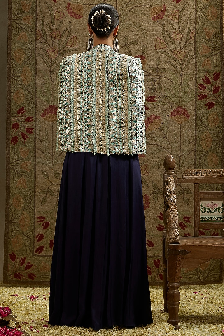 Midnight Blue Crepe Embellished Jumpsuit With Jacket by SVA BY SONAM & PARAS MODI at Pernia's Pop Up Shop
