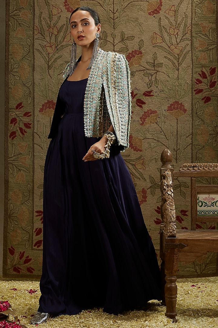 Midnight Blue Crepe Embellished Jumpsuit With Jacket by SVA BY SONAM & PARAS MODI at Pernia's Pop Up Shop