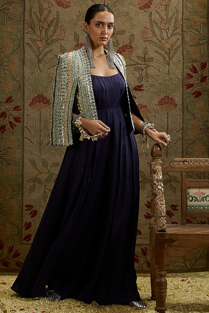 Midnight Blue Crepe Embellished Jumpsuit With Jacket by SVA BY SONAM & PARAS MODI at Pernia's Pop Up Shop