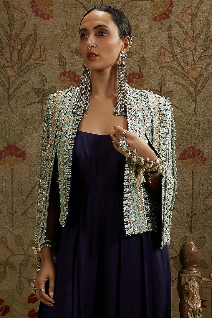 Midnight Blue Crepe Embellished Jumpsuit With Jacket by SVA BY SONAM & PARAS MODI at Pernia's Pop Up Shop