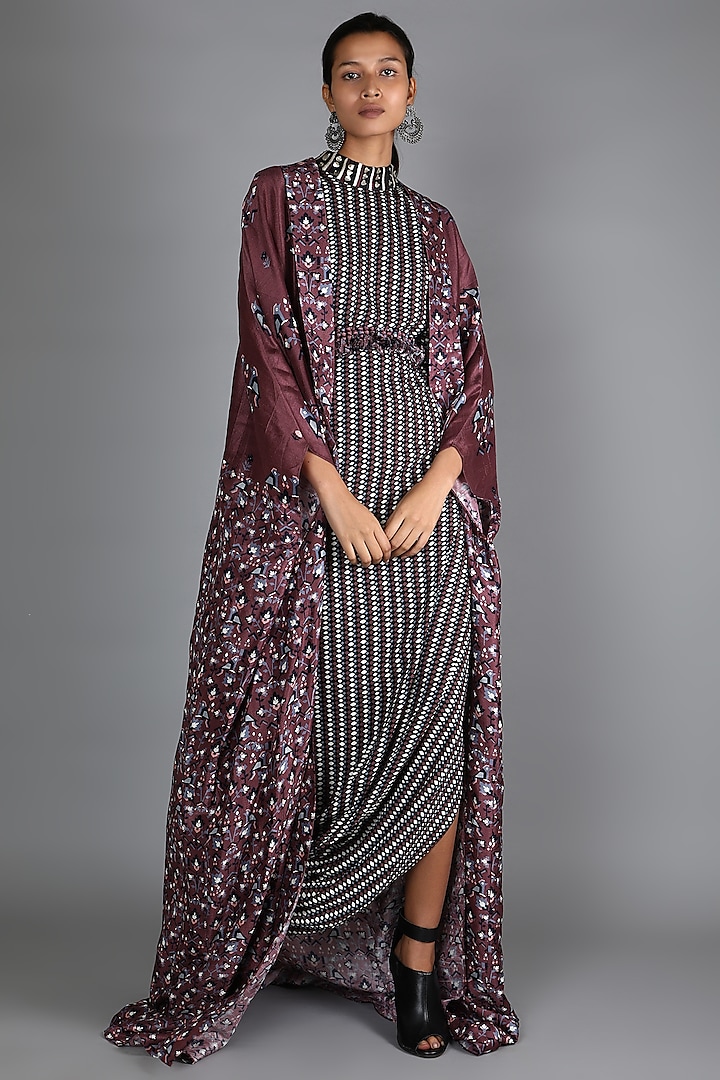 Black & Maroon Draped Dress With Cape by Sva By Sonam & Paras Modi at Pernia's Pop Up Shop