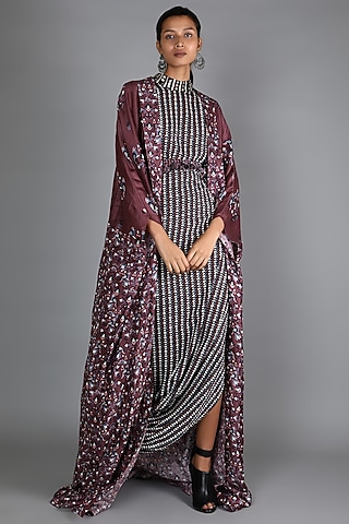 Black & Maroon Draped Dress With Cape by Sva By Sonam & Paras Modi