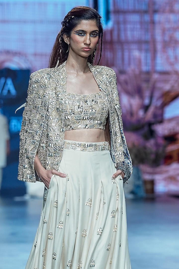 Ivory Crepe Metallic Embellished Jacket Set by SVA BY SONAM & PARAS MODI at Pernia's Pop Up Shop
