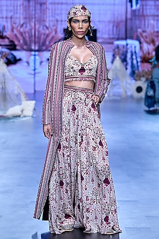 Merlot Crepe & Silk Stripe Printed Jacket Set by SVA BY SONAM & PARAS MODI