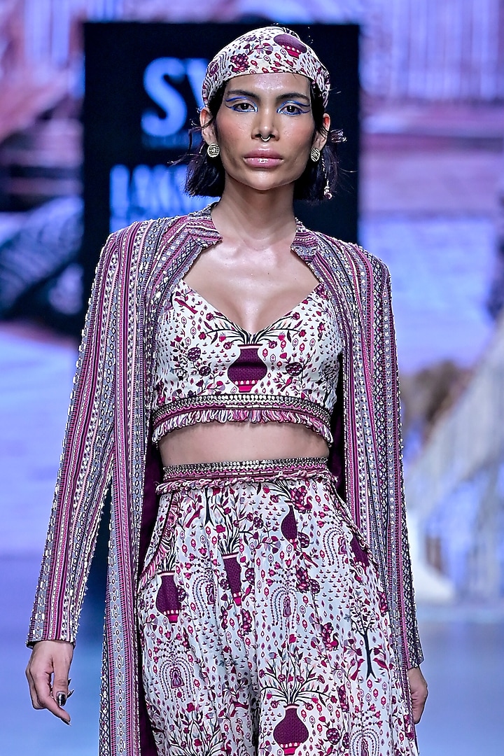 Merlot Crepe & Silk Stripe Printed Jacket Set by SVA BY SONAM & PARAS MODI at Pernia's Pop Up Shop