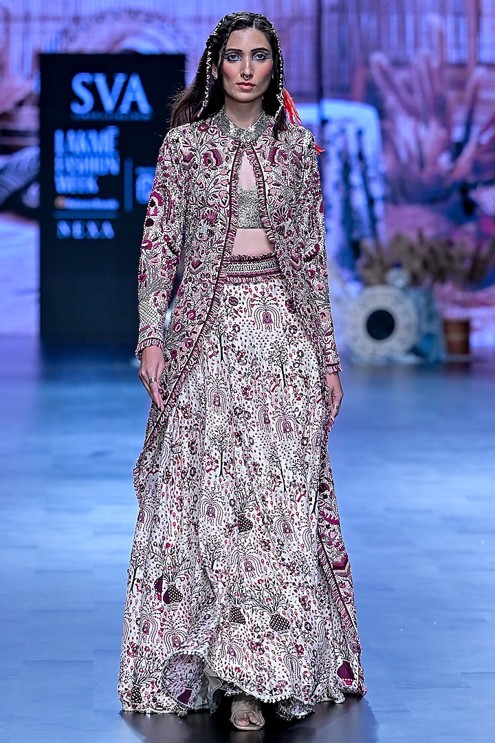 Merlot Crepe Jaal Embellished Jacket Bridal Lehenga Set by SVA BY SONAM & PARAS MODI at Pernia's Pop Up Shop