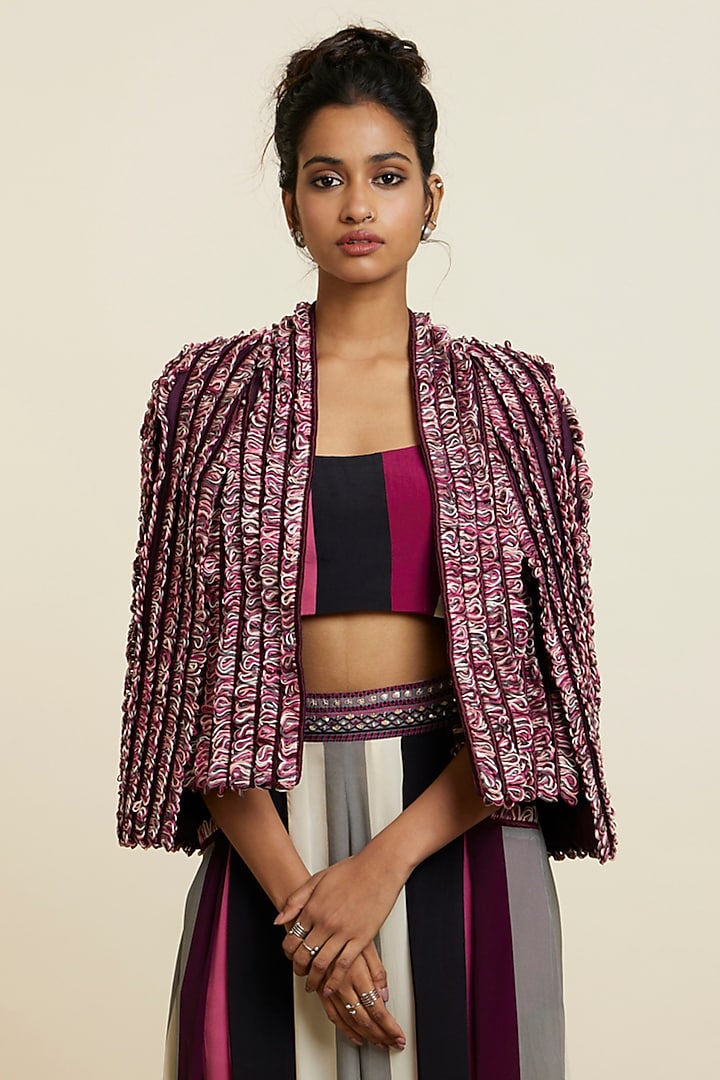 Merlot Silk Textured Jacket by SVA BY SONAM & PARAS MODI at Pernia's Pop Up Shop