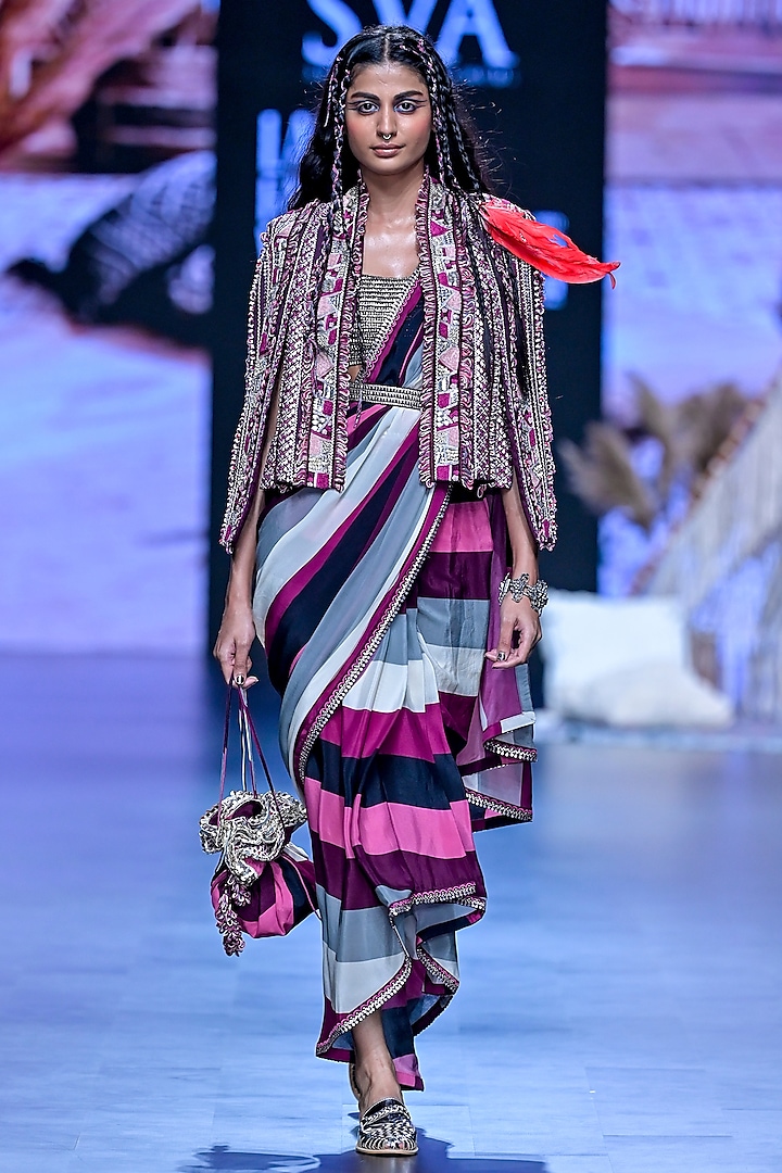 Merlot Crepe Stripe Printed Jacket Saree Set by SVA BY SONAM & PARAS MODI at Pernia's Pop Up Shop