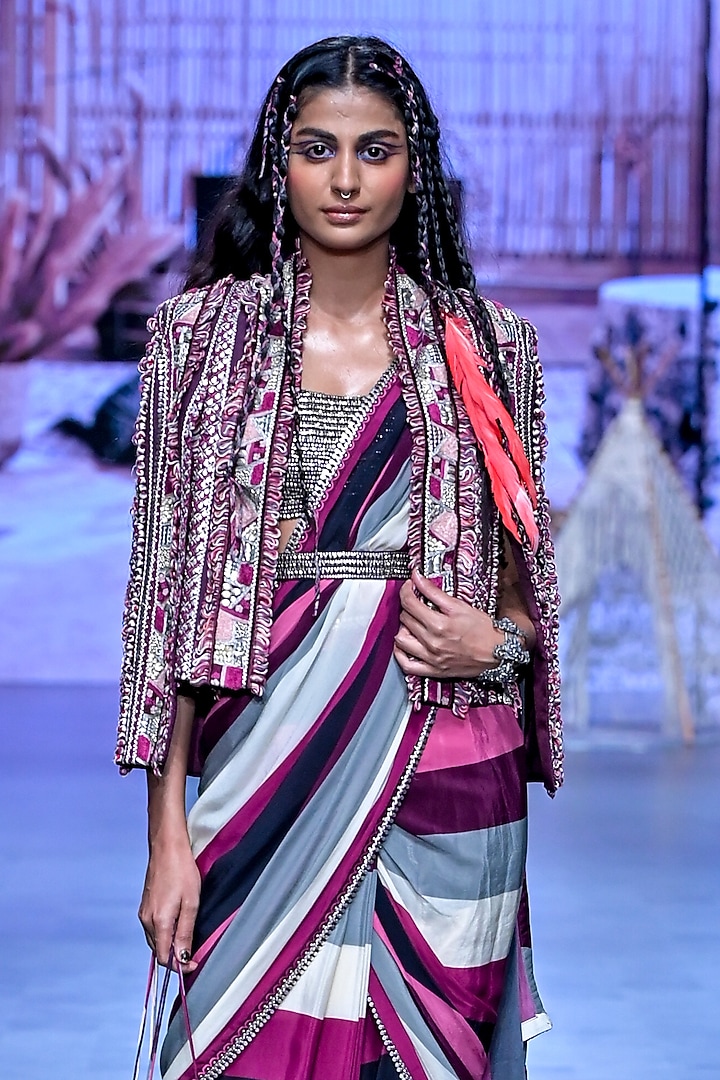 Merlot Crepe Stripe Printed Jacket Reception Saree Set by SVA BY SONAM & PARAS MODI at Pernia's Pop Up Shop