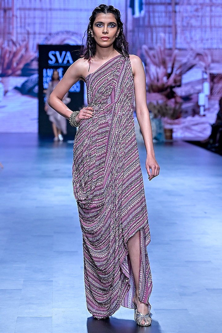 Merlot Crepe Embellished Draped Gown Saree by SVA BY SONAM & PARAS MODI at Pernia's Pop Up Shop