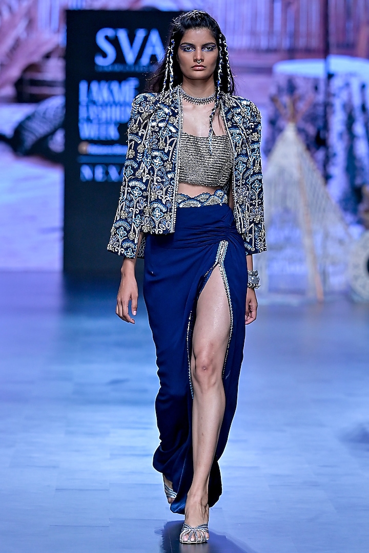 Blue Crepe Embellished Jacket Set by SVA BY SONAM & PARAS MODI at Pernia's Pop Up Shop