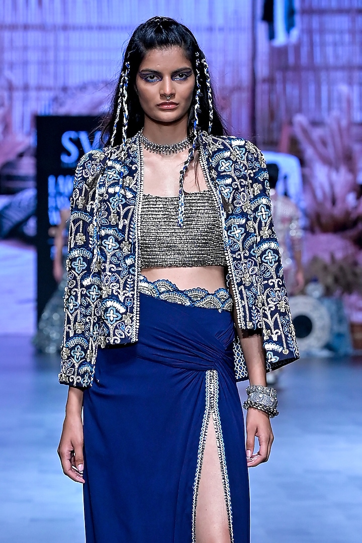 Blue Crepe Embellished Jacket Set by SVA BY SONAM & PARAS MODI at Pernia's Pop Up Shop