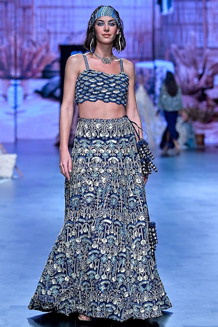 Blue Crepe Bridal Lehenga Set by SVA BY SONAM & PARAS MODI at Pernia's Pop Up Shop