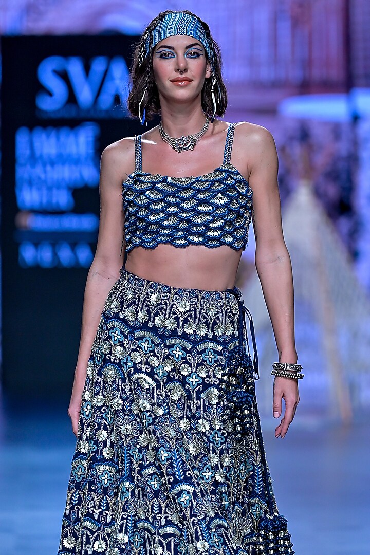 Blue Crepe Bridal Lehenga Set by SVA BY SONAM & PARAS MODI at Pernia's Pop Up Shop