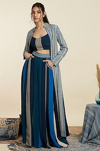 Blue Crepe Printed & Embellished Jacket Set by SVA BY SONAM & PARAS MODI