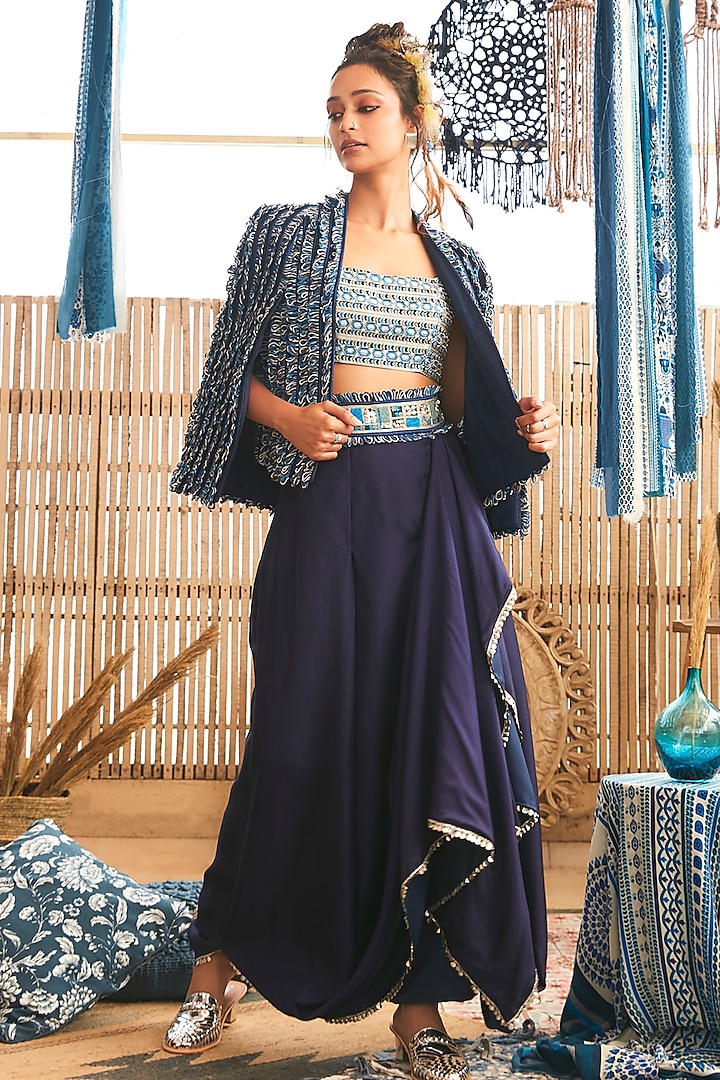 Blue Crepe Embellished Jacket Set by SVA BY SONAM & PARAS MODI at Pernia's Pop Up Shop