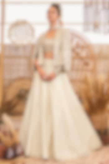 Beige Silk Embellished Jacket Bridal Lehenga Set by SVA BY SONAM & PARAS MODI at Pernia's Pop Up Shop