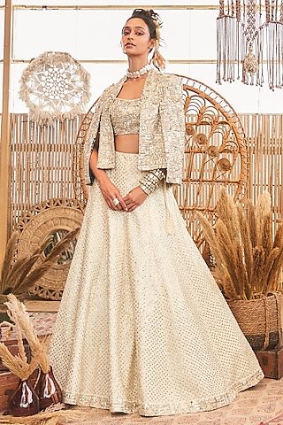 Beige Silk Embellished Jacket Lehenga Set by SVA BY SONAM & PARAS MODI