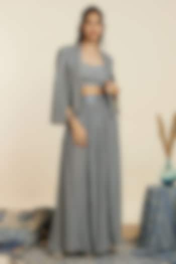 Blue Crepe Geo Printed Jacket Set by SVA BY SONAM & PARAS MODI at Pernia's Pop Up Shop