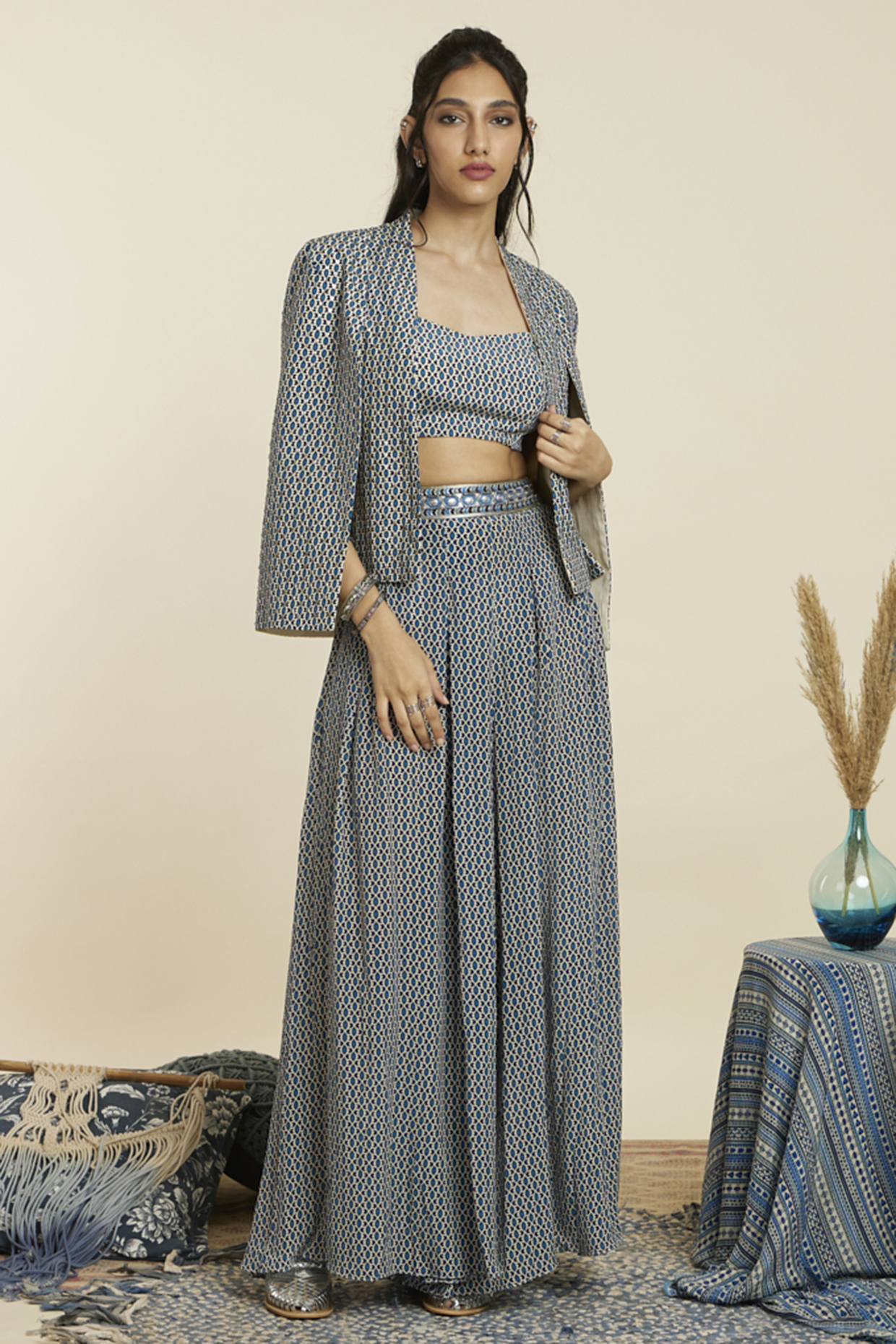 Blue Crepe Geo Printed Jacket Set by SVA BY SONAM & PARAS MODI at Pernia's Pop Up Shop