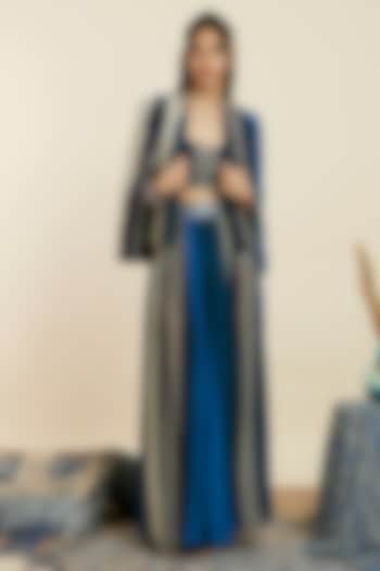 Blue Crepe Stripe Printed Jacket Set by SVA BY SONAM & PARAS MODI at Pernia's Pop Up Shop