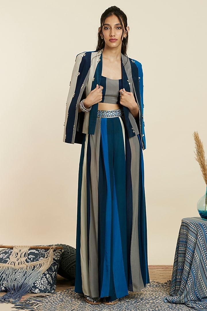 Blue Crepe Stripe Printed Jacket Set by SVA BY SONAM & PARAS MODI at Pernia's Pop Up Shop