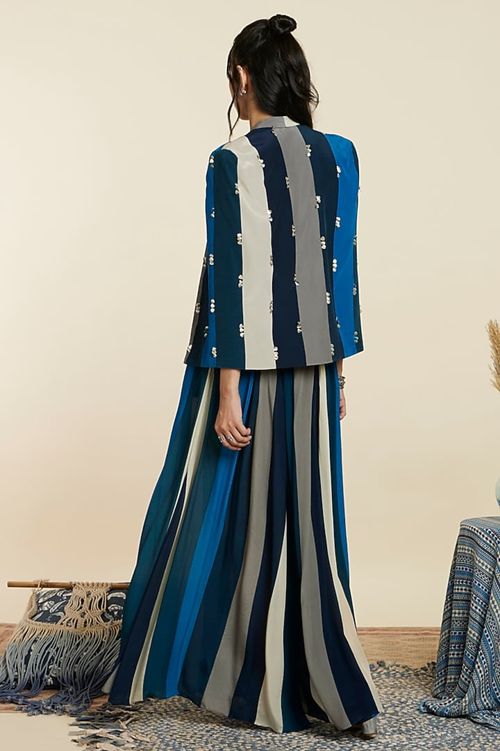 Blue Crepe Stripe Printed Jacket Set by SVA BY SONAM & PARAS MODI at Pernia's Pop Up Shop