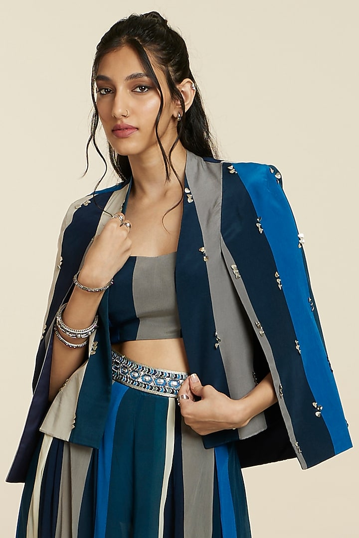 Blue Crepe Stripe Printed Jacket Set by SVA BY SONAM & PARAS MODI at Pernia's Pop Up Shop