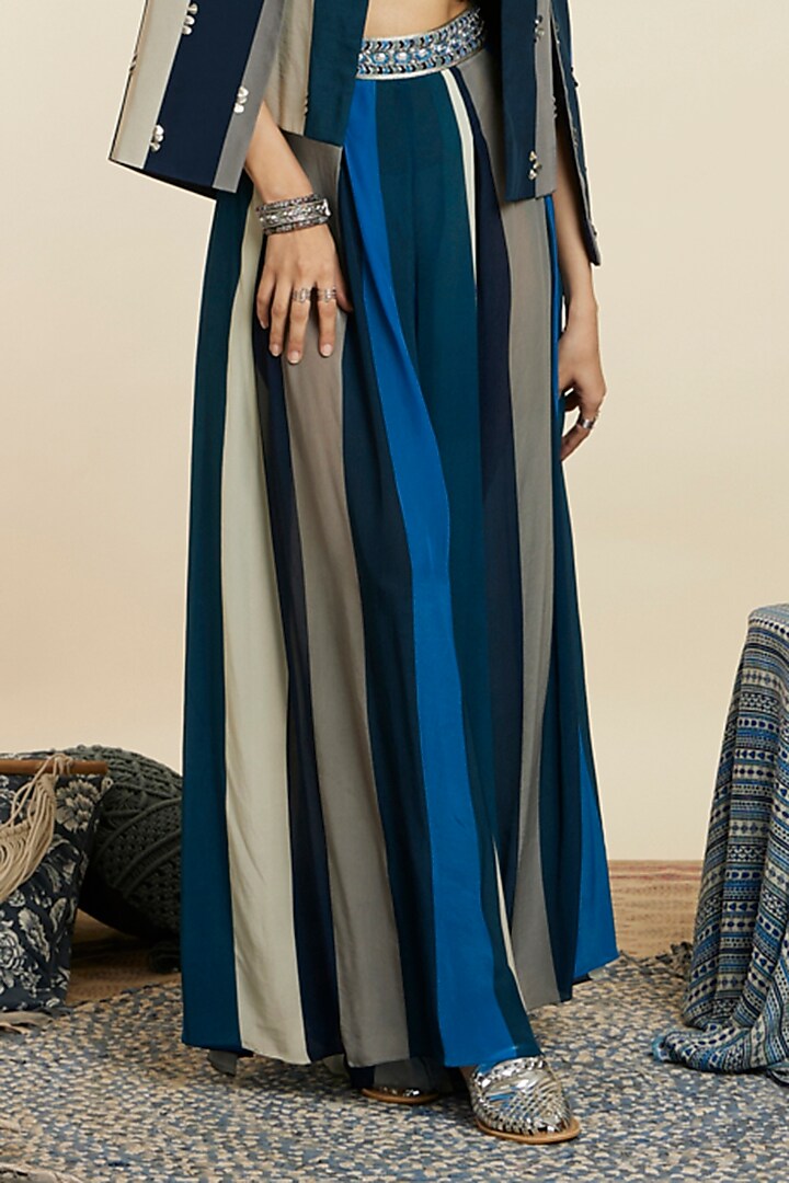 Blue Crepe Stripe Printed Jacket Set by SVA BY SONAM & PARAS MODI at Pernia's Pop Up Shop