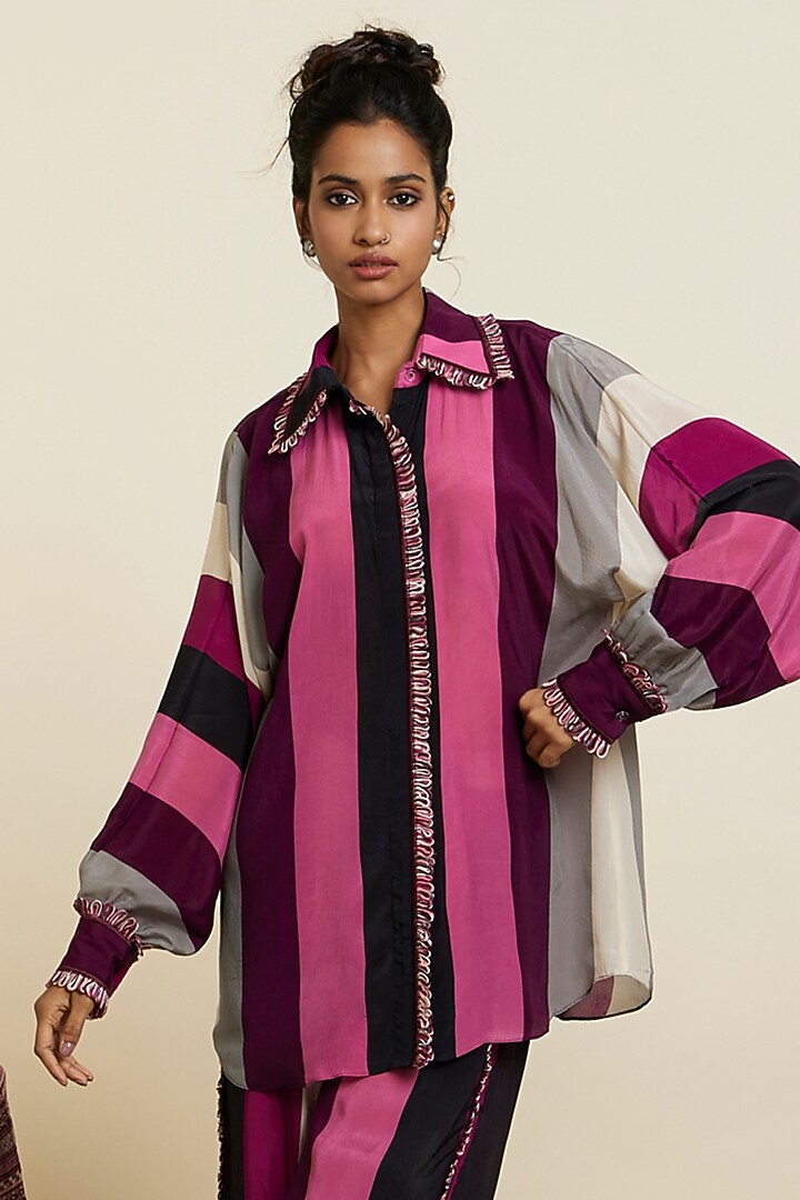 Merlot Crepe Stripe Printed Co-Ord Set by SVA BY SONAM & PARAS MODI at Pernia's Pop Up Shop