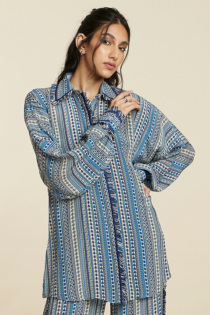 Blue Crepe Boho Stripe Printed Co-Ord Set by SVA BY SONAM & PARAS MODI at Pernia's Pop Up Shop