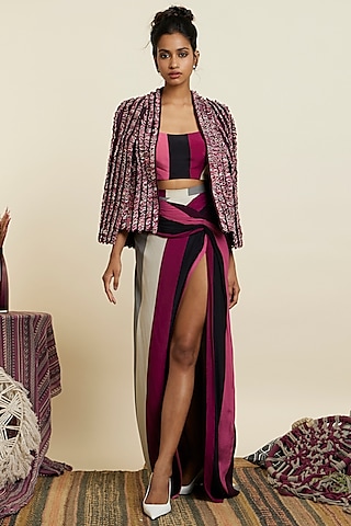Merlot Crepe Textured Jacket Set by SVA BY SONAM & PARAS MODI