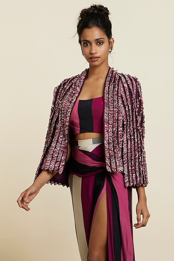 Merlot Crepe Textured Jacket Set by SVA BY SONAM & PARAS MODI at Pernia's Pop Up Shop