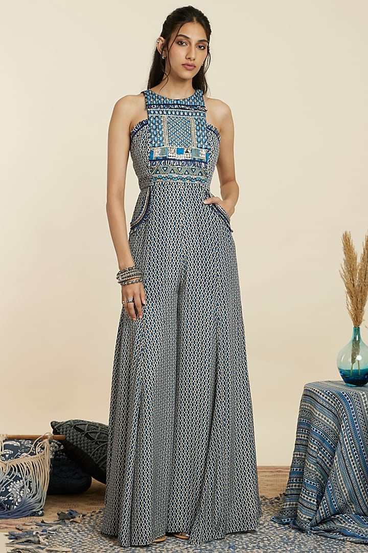 Blue Crepe Geometric Printed Jumpsuit by Sva By Sonam & Paras Modi at Pernia's Pop Up Shop