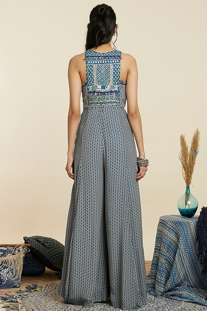 Blue Crepe Geometric Printed Jumpsuit by SVA BY SONAM & PARAS MODI at Pernia's Pop Up Shop