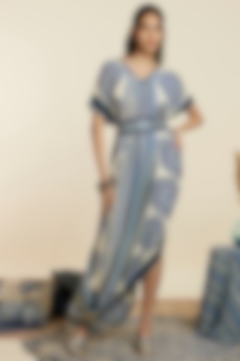 Blue Crepe Draped Cocktail Dress by SVA BY SONAM & PARAS MODI at Pernia's Pop Up Shop