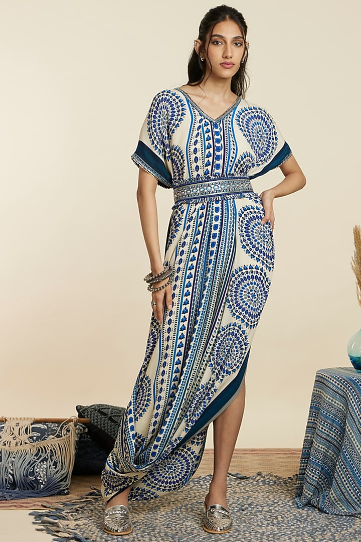 Blue Crepe Draped Cocktail Dress by SVA BY SONAM & PARAS MODI at Pernia's Pop Up Shop