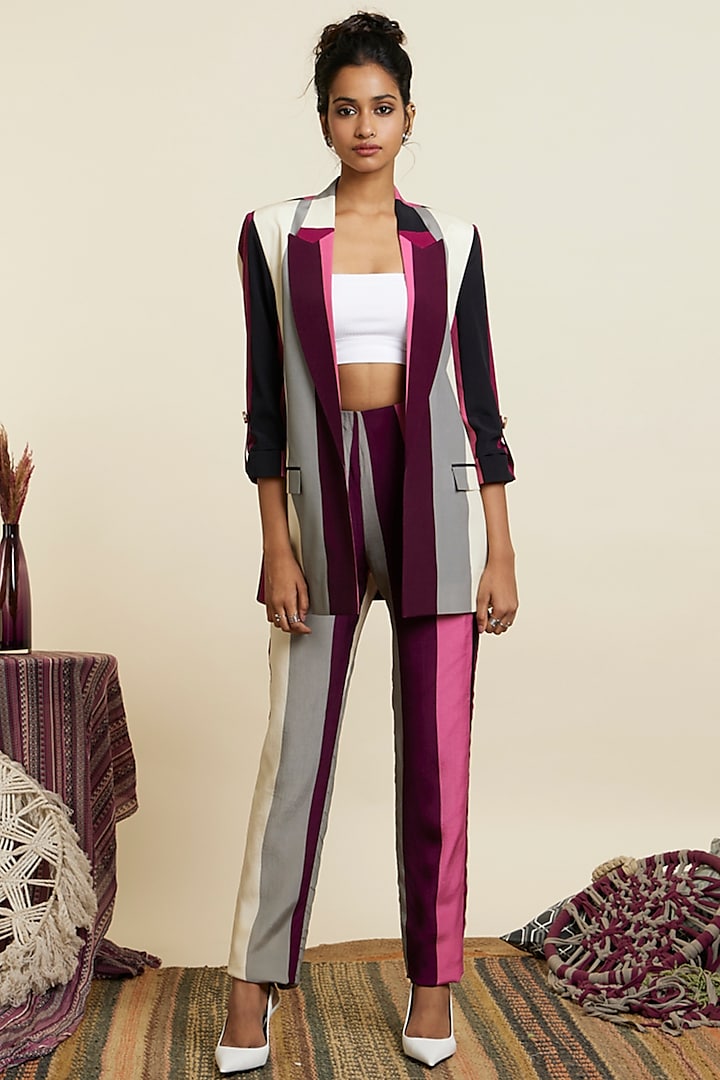 Merlot Crepe Stripe Printed Blazer Set by Sva By Sonam & Paras Modi