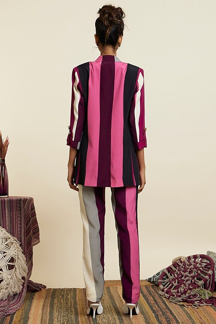 Merlot Crepe Stripe Printed Blazer Set by SVA BY SONAM & PARAS MODI at Pernia's Pop Up Shop