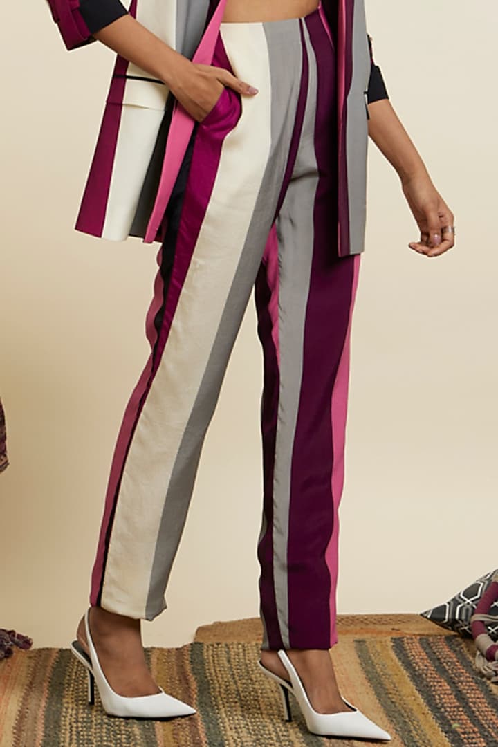 Merlot Crepe Stripe Printed Blazer Set by SVA BY SONAM & PARAS MODI at Pernia's Pop Up Shop