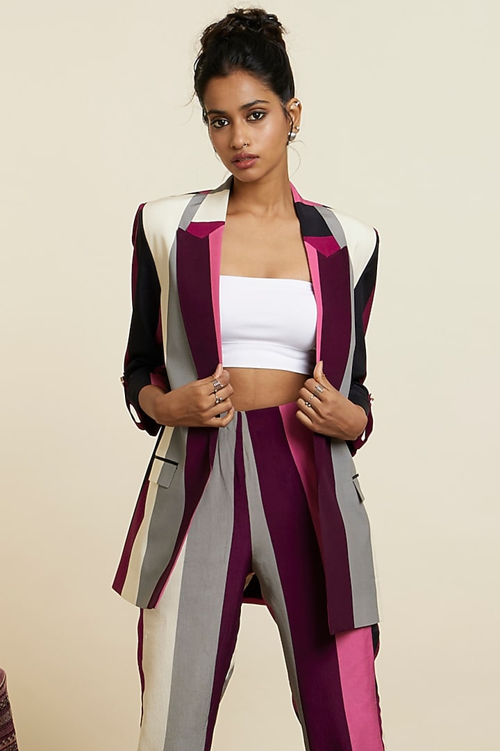 Merlot Crepe Stripe Printed Blazer Set by SVA BY SONAM & PARAS MODI at Pernia's Pop Up Shop