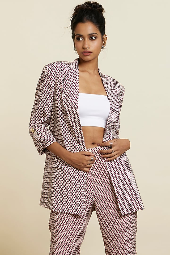 Merlot Crepe Geo & Stripe Printed Blazer Set by SVA BY SONAM & PARAS MODI at Pernia's Pop Up Shop