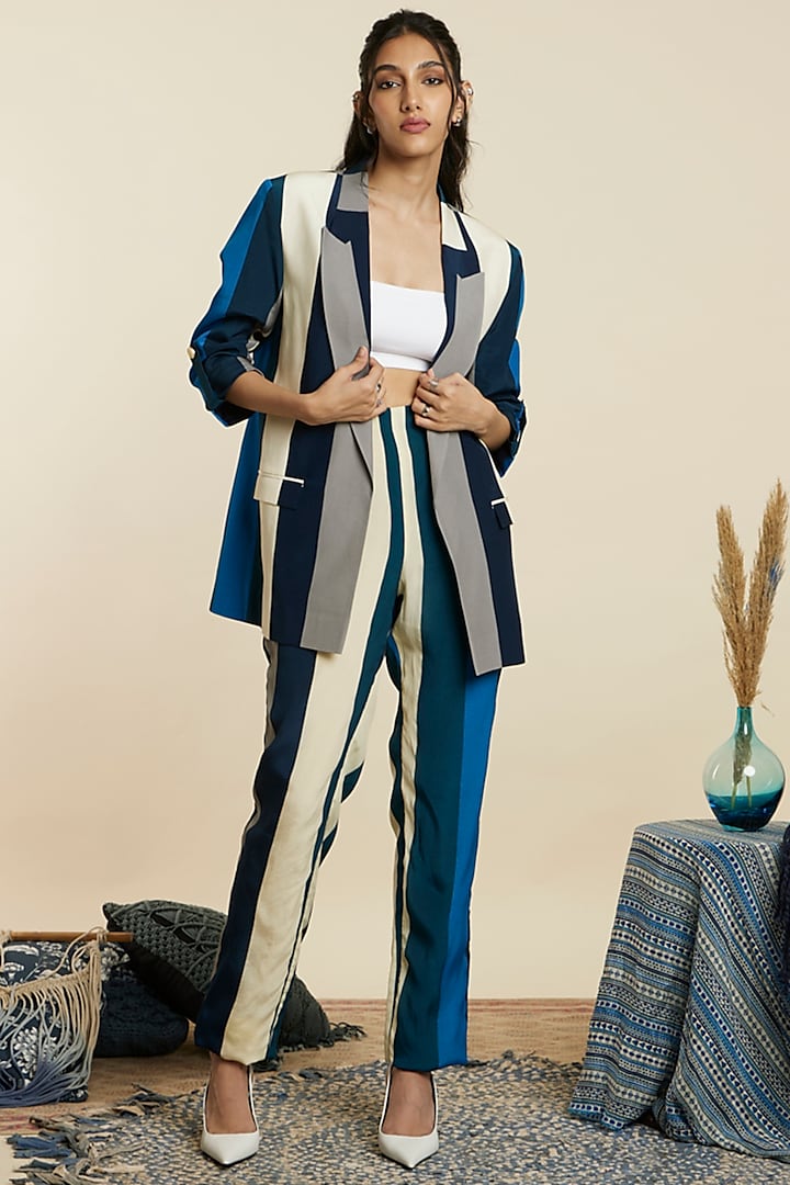 Blue Crepe Stripe Printed Blazer Set by Sva By Sonam & Paras Modi