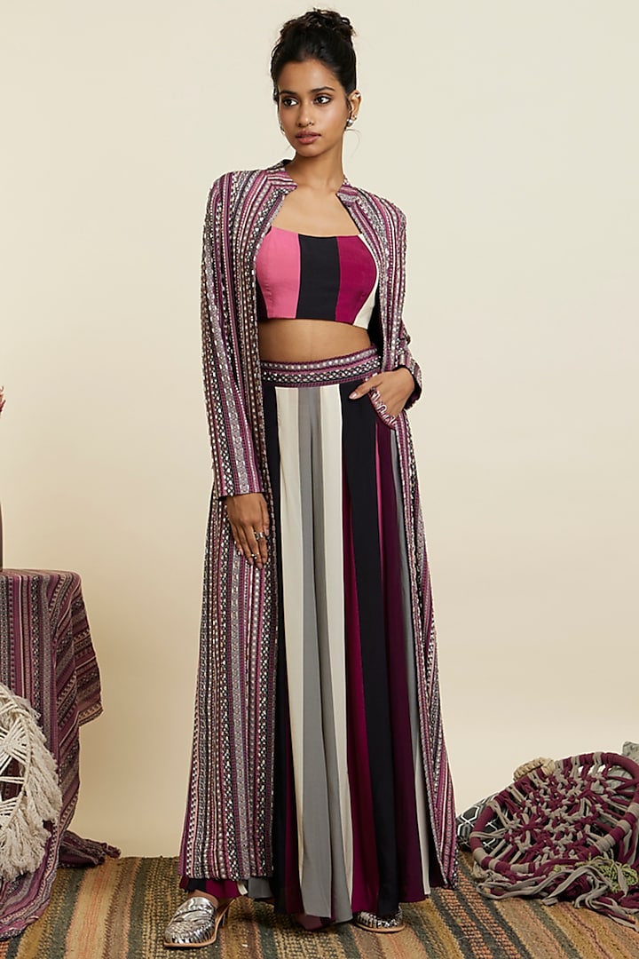 Merlot Crepe Embellished & Stripe Printed Jacket Set by Sva By Sonam & Paras Modi