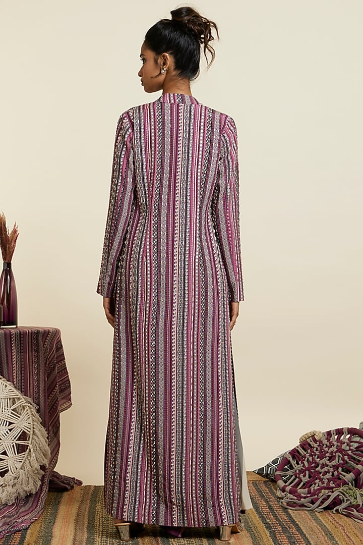 Merlot Crepe Embellished & Stripe Printed Jacket Set by SVA BY SONAM & PARAS MODI at Pernia's Pop Up Shop